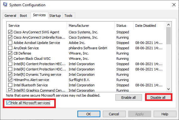 ทำเครื่องหมายที่ช่องถัดจาก Hide all Microsoft services และคลิกที่ปุ่ม Disable all แก้ไข win32kfull.sys BSOD ใน Windows 10