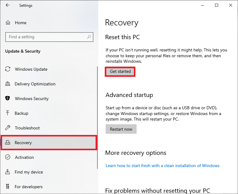 Ahora, seleccione la opción Recuperación en el panel izquierdo y haga clic en Comenzar en el panel derecho. Arreglar win32kfull.sys BSOD en Windows 10