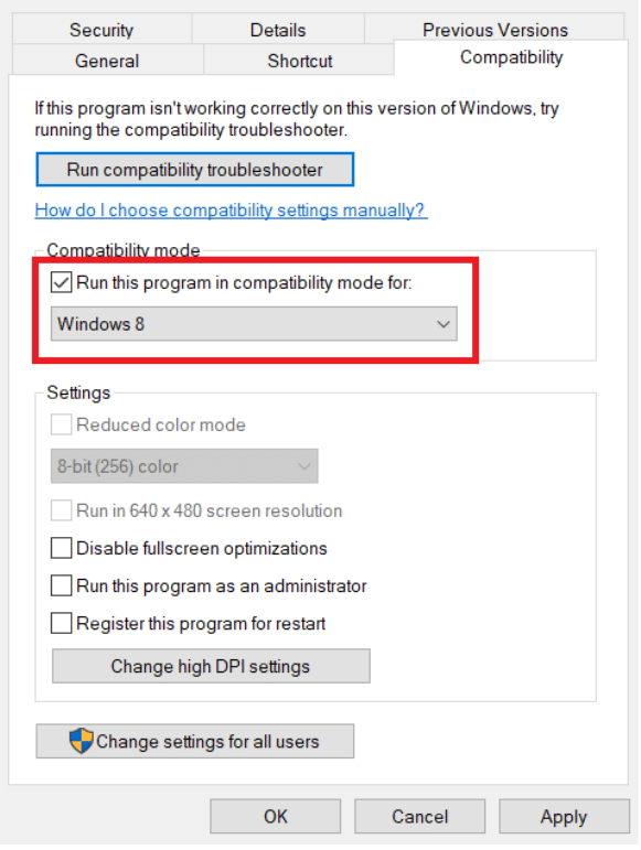 Führen Sie diese Anwendung im Kompatibilitätsmodus für die Option aus