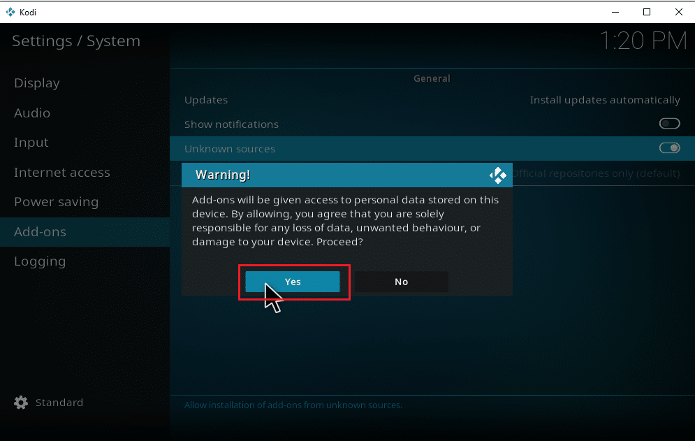 Sélectionnez Oui à l'invite d'avertissement. Comment télécharger de la musique sur Kodi