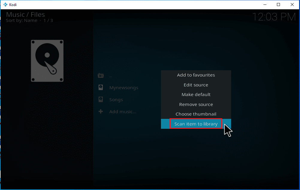 Wybierz opcję Skanuj element do biblioteki. Jak pobrać muzykę do Kodi