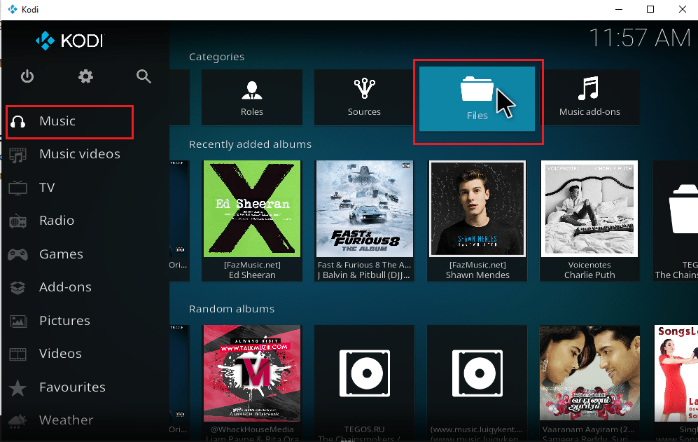 Clique em Música no menu principal do Kodi e selecione Arquivos nas categorias