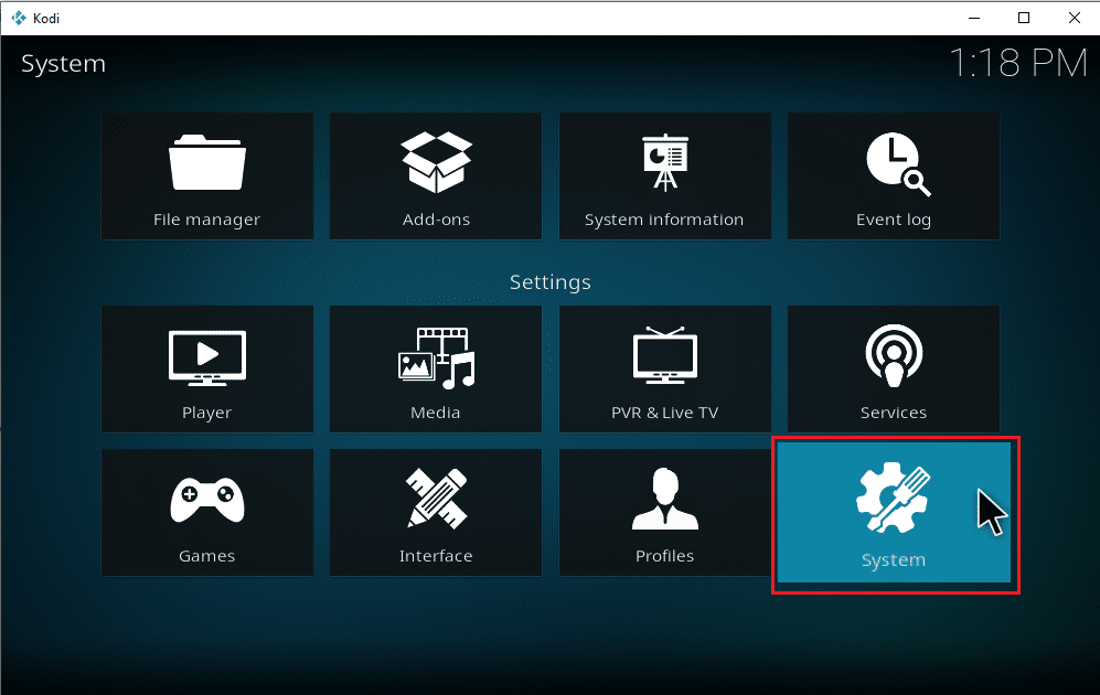 在 Kodi 設置上選擇系統。如何將音樂下載到 Kodi