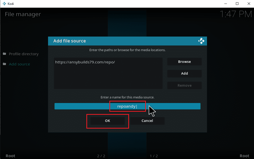 Digite um nome para a fonte de mídia e clique em OK. Como adicionar música ao Kodi