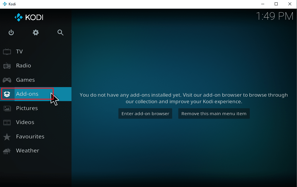 Volte para a página do menu principal do Kodi e selecione Add-ons