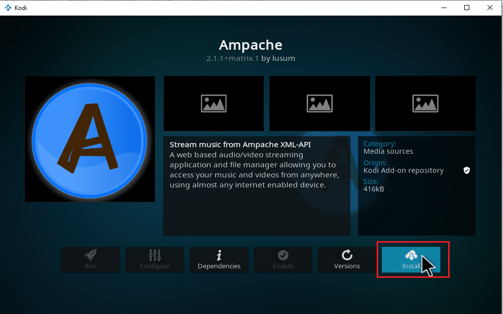 Klicken Sie auf Installieren, um das Musik-Addon zu installieren. So fügen Sie Kodi Musik hinzu