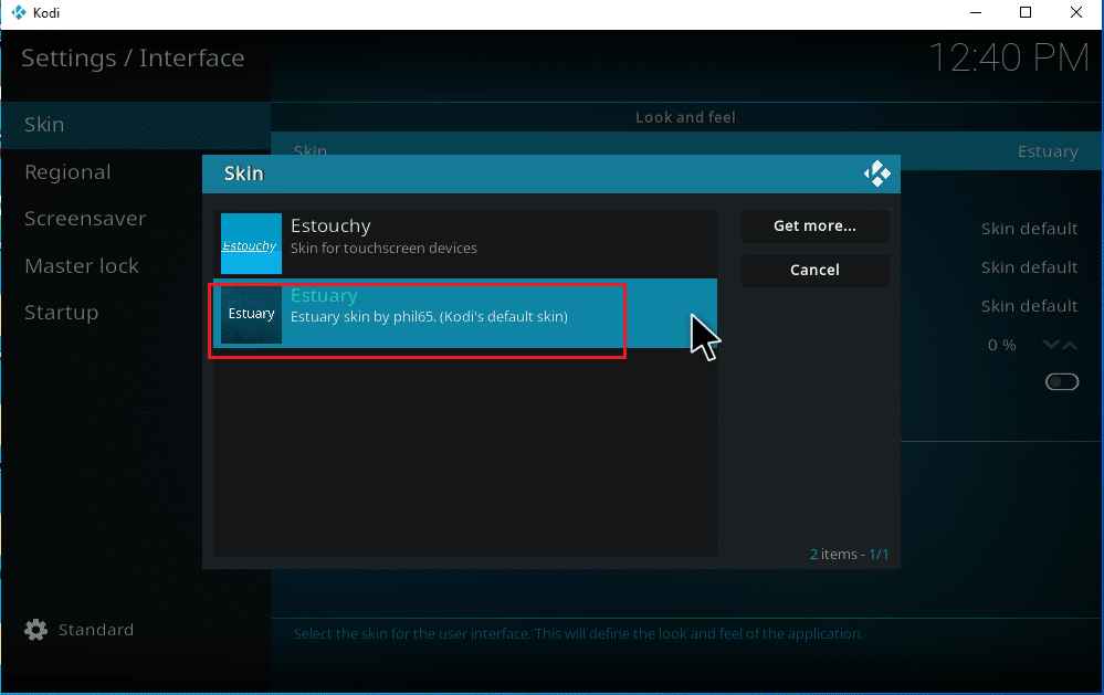 選擇 Estuary 默認皮膚。如何將音樂添加到 Kodi