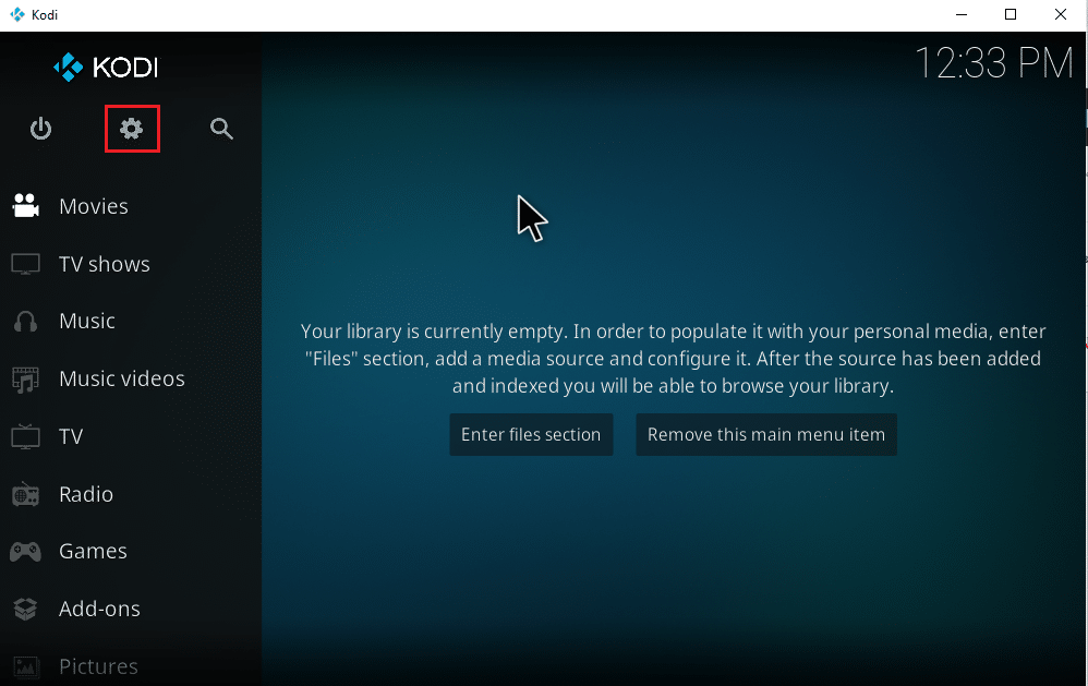 在 Kodi 主菜单上选择设置齿轮图标。如何将音乐添加到 Kodi