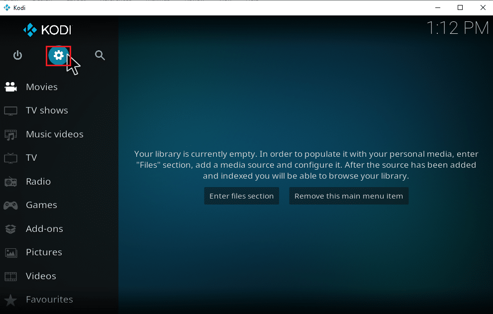 เลือกไอคอนการตั้งค่าบนเมนูหลักของ Kodi