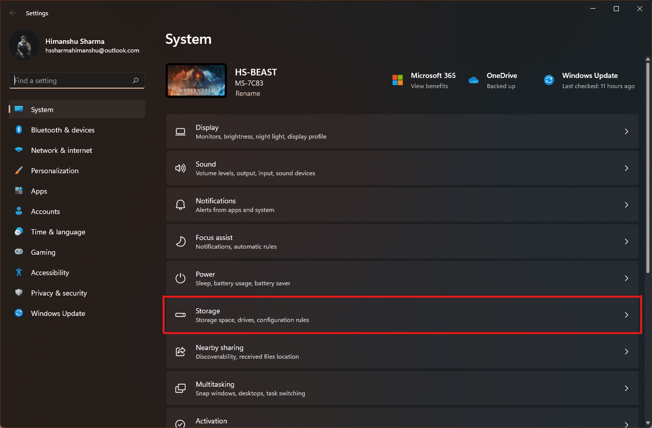 Cliquez sur l'option Stockage dans la fenêtre Paramètres | Comment vider le cache dans Windows 11