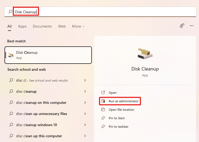 พิมพ์ Disk Cleanup ในแถบค้นหาของเมนู Start แล้วคลิก Run as administrator เพื่อเปิด