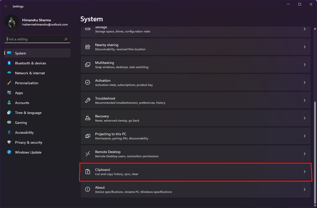 Abra Configuración de Windows y desplácese hacia abajo para buscar y haga clic en la opción Portapapeles | borrado de memoria caché