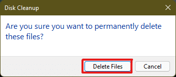 Silme işlemini onaylamak için Dosyaları sil üzerine tıklayın | Windows 11'de Önbellek Nasıl Temizlenir