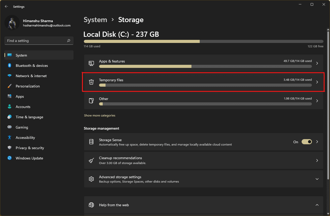 Les statistiques de stockage apparaîtront, cliquez sur l'option Fichiers temporaires | Comment vider le cache dans Windows 11