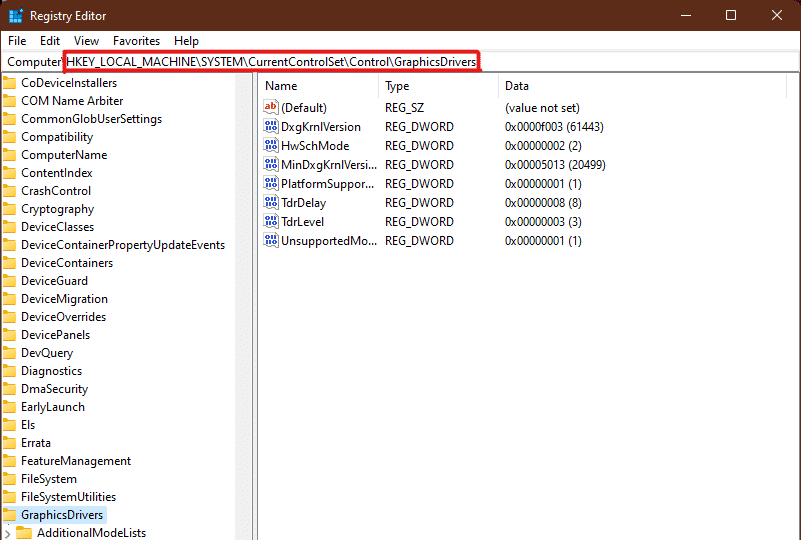 fügen Sie HKEY_LOCAL_MACHINE\SYSTEM\CurrentControlSet\Control\GraphicsDrivers in das Adressfeld oben ein | Cache-Speicher löschen