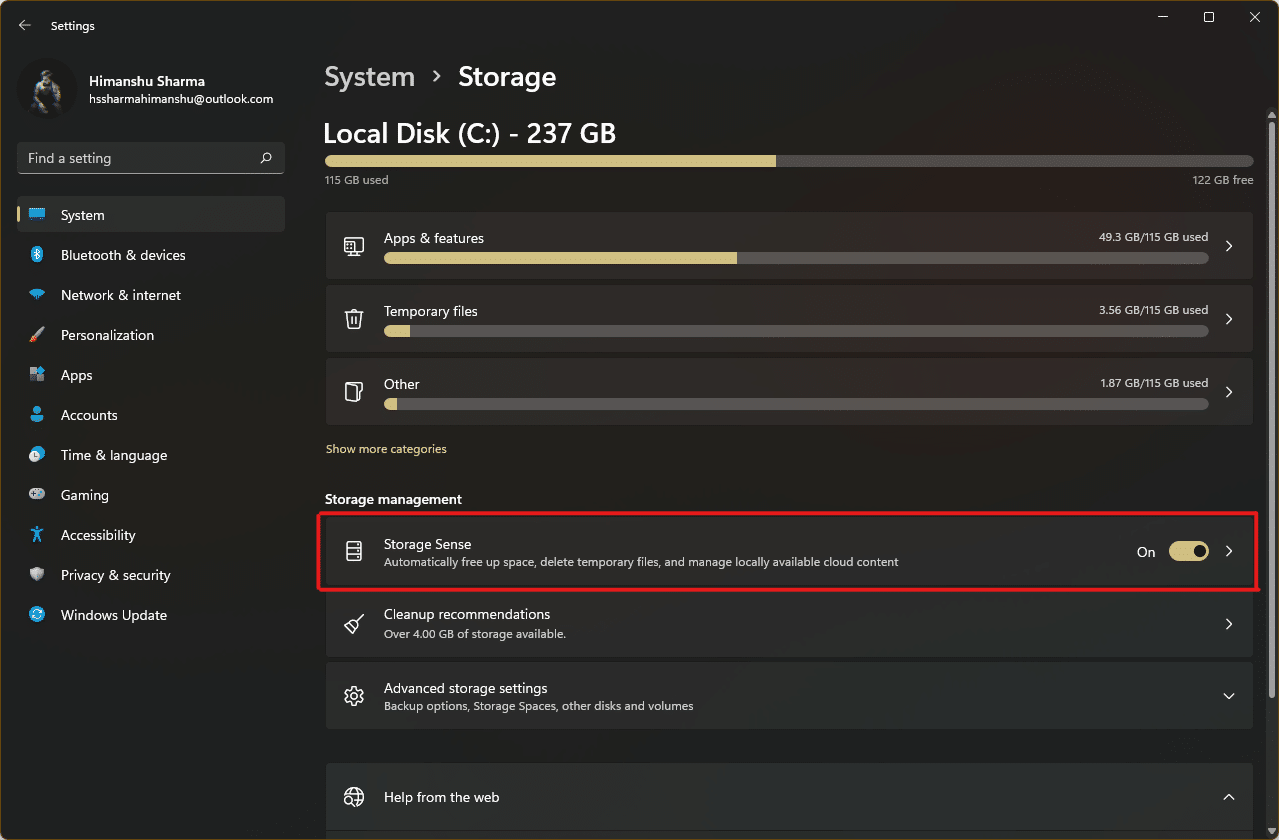 Klicken Sie auf die Option „Storage Sense“ im Abschnitt „Storage management“, wie in der Abbildung gezeigt | Löschvorgang des Cache-Speichers