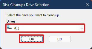 Selectați C: drive din meniul drop-down sub Drives și faceți clic pe OK.