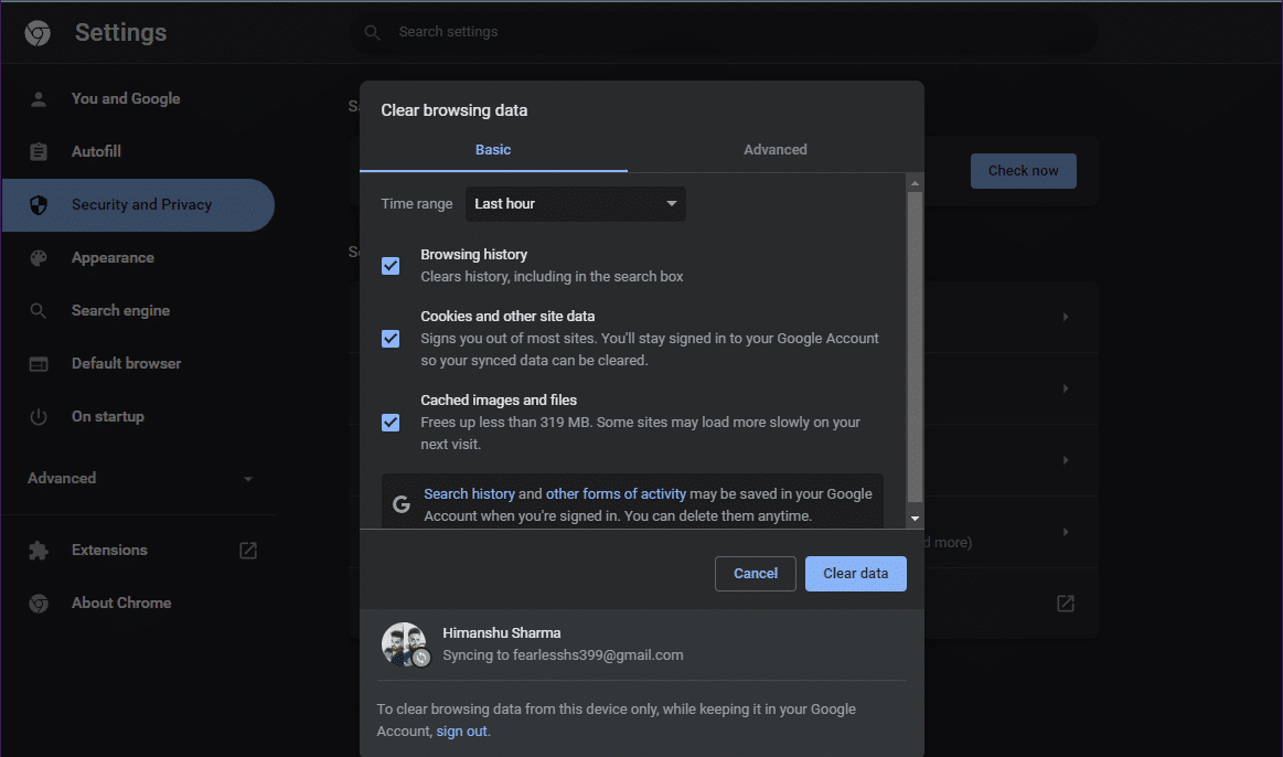 Откройте браузер Chrome и нажмите комбинацию кнопок Ctrl + Shift + Delete, чтобы открыть всплывающее окно «Очистить настройки данных просмотра» | удаление кэш-памяти