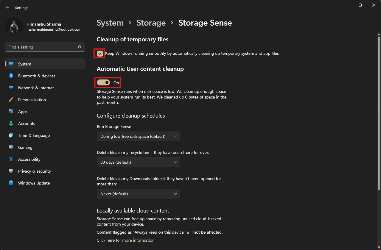 ในส่วน Storage Sense ให้ทำเครื่องหมายที่ช่องใต้ Cleanup of temporary files และตรวจดูให้แน่ใจว่าตัวเลื่อนภายใต้ Automatic User content cleanup เปิดอยู่ | กระบวนการลบหน่วยความจำแคช