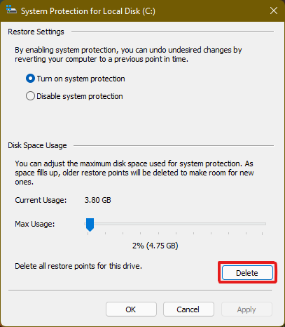 คลิกที่ Delete ข้างข้อความ Delete all restore points for this drive