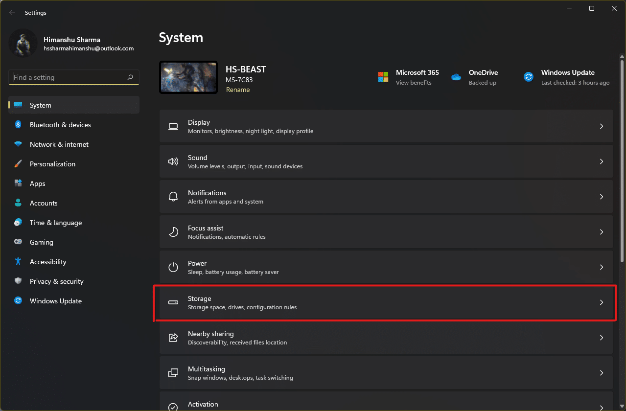 Abra Configuración de Windows y haga clic en la opción Almacenamiento de la lista | proceso de eliminación de memoria caché