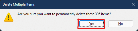 Confirmați procesul de ștergere făcând clic pe Da pe promptul de ștergere | Cum să ștergeți memoria cache în Windows 11