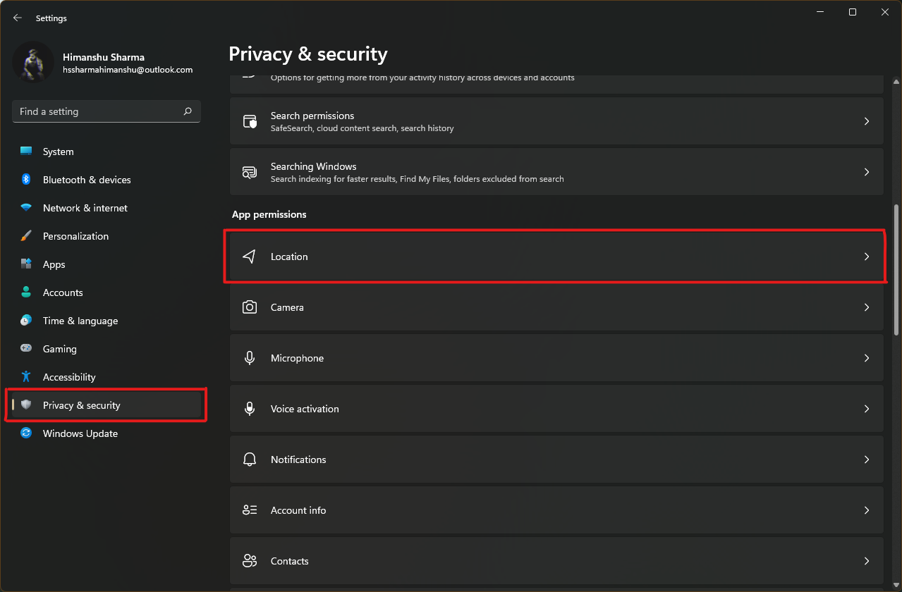 Privacidade e segurança Localização windows 11