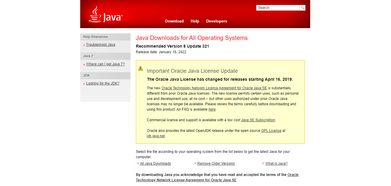 افتح موقع Java الرسمي. كيفية فتح ملفات JAR في نظام التشغيل Windows 10