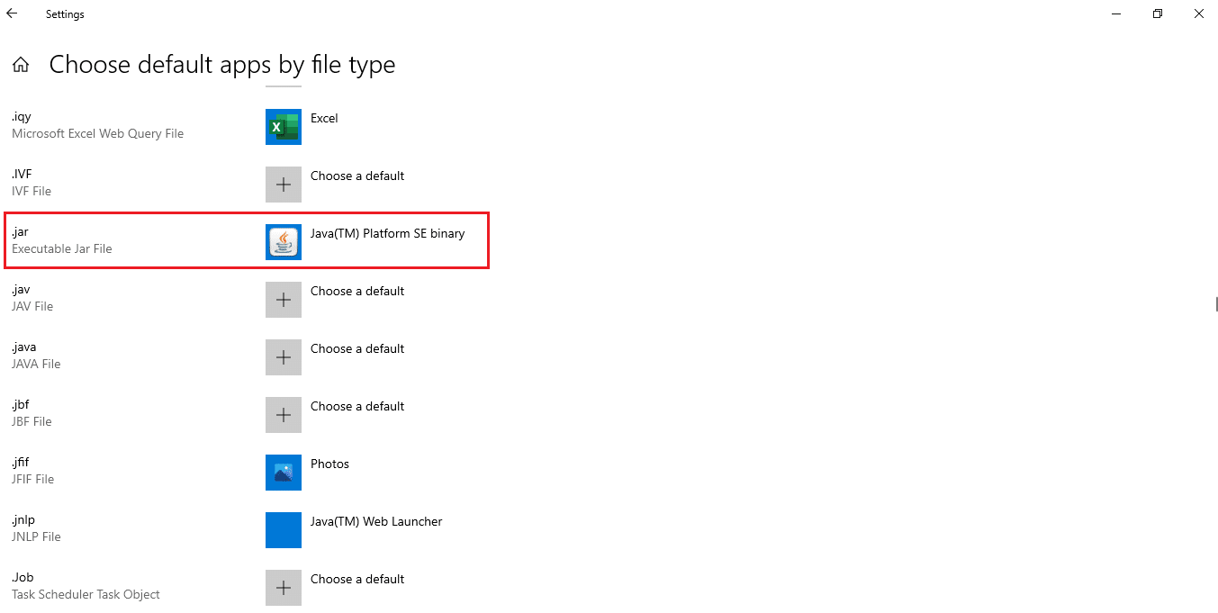 ตั้งค่า Java TM Platform SE Binary เป็นแอปเริ่มต้นสำหรับ .jar