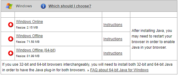 Selecione a Versão para instalar a configuração Java