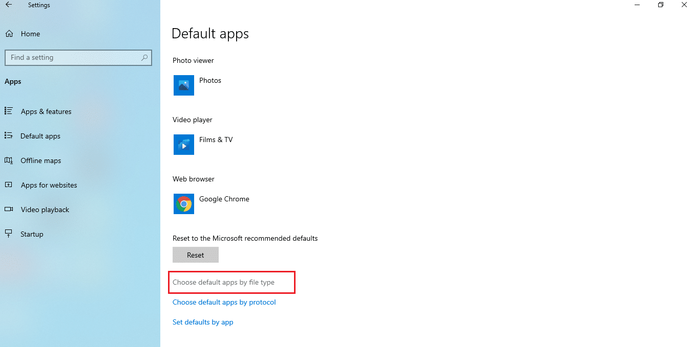 clique em Escolher aplicativos padrão por tipo de arquivo. Como abrir arquivos JAR no Windows 10