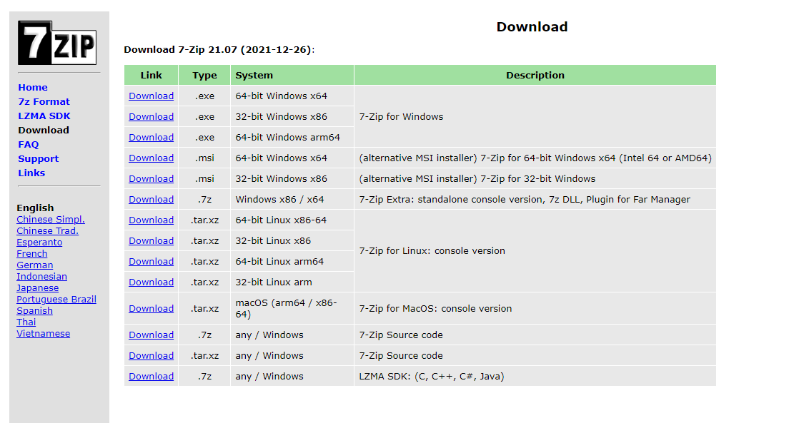 Baixe 7zip de seu site oficial