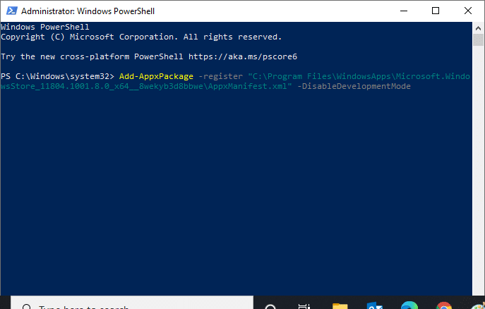 بعد ذلك ، لإعادة تثبيته ، افتح Windows PowerShell مرة أخرى كمسؤول واكتب Add AppxPackage register CProgram Files WindowsApps Microsoft.WindowsStore 11804.1001.8.0 64 8wekyb3d8bbwe AppxManifest.xml DisableDevelopmentMode