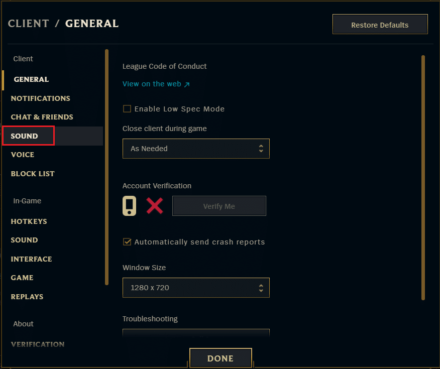 selecione a configuração de som em League of legends