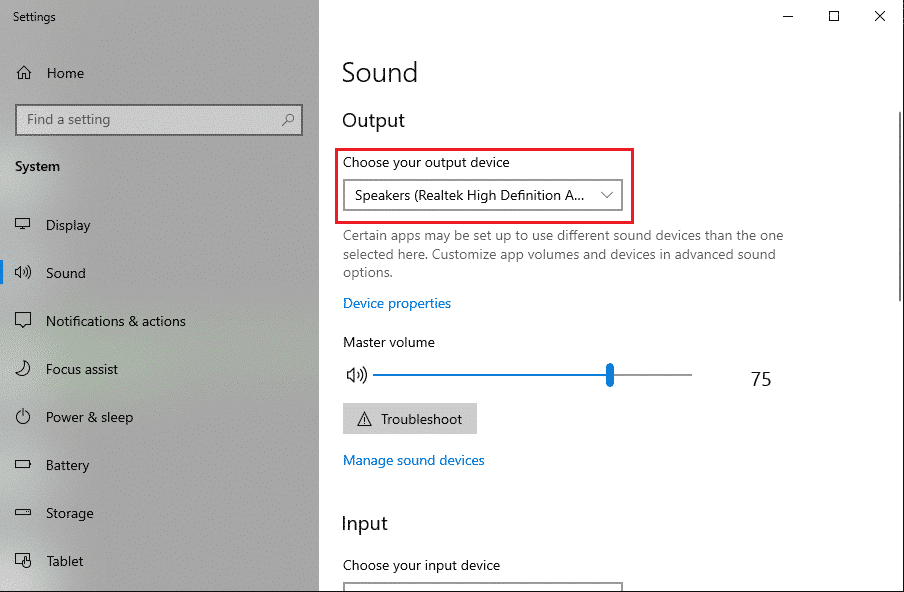 fai clic sul menu a discesa in "Scegli il tuo dispositivo di output" per selezionare il dispositivo di output corretto.