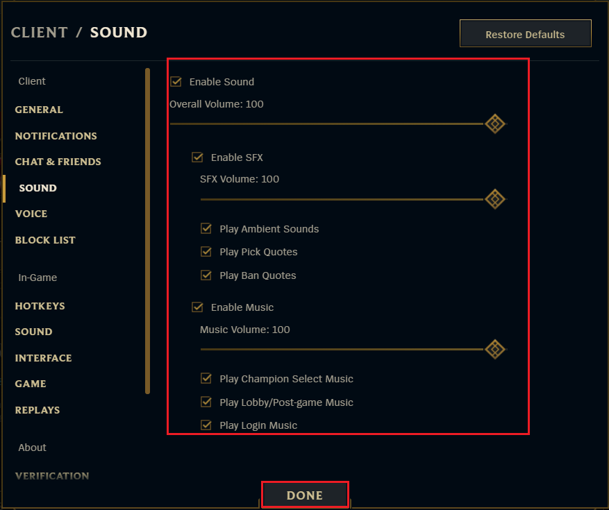 habilite la configuración de sonido y haga clic en Listo en league of legends