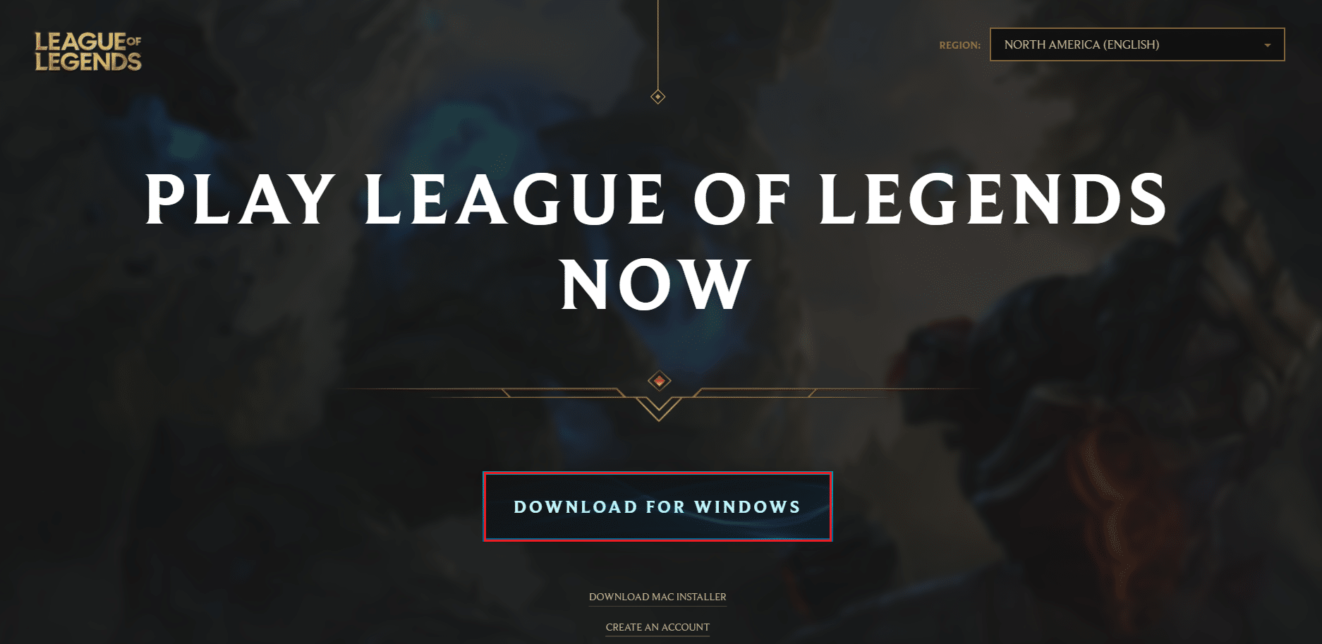 depois de se inscrever, clique em download para windows na página de download do league of legends