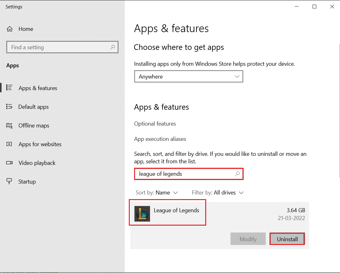 Deinstallieren Sie League of Legends über Apps und Funktionen