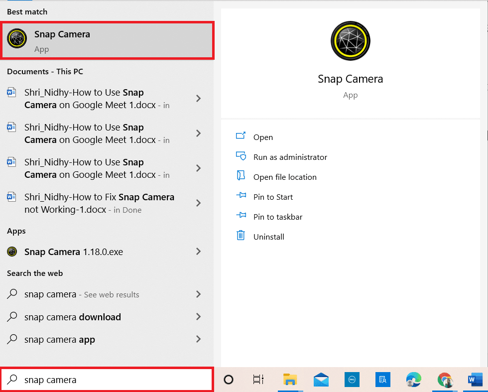 Introduceți Snap Camera în bara de căutare Windows și lansați aplicația pe computer