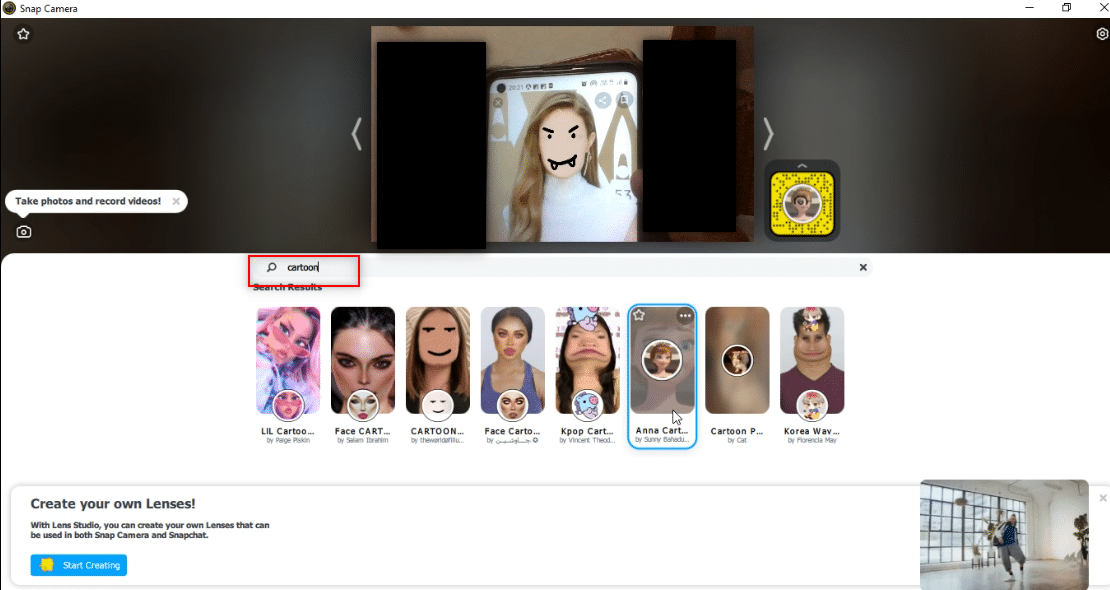 ค้นหาคำว่าการ์ตูนในแถบค้นหาและทดลองกับเลนส์ วิธีใช้ Snap Camera บน Zoom