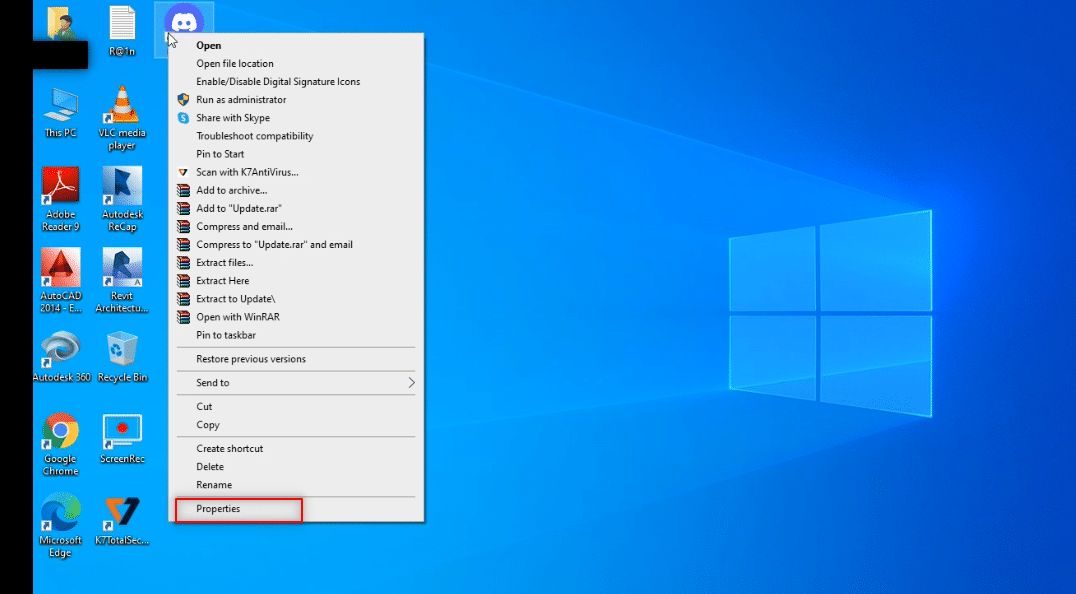 Clique com o botão direito do mouse no aplicativo Discord e selecione a opção Propriedades