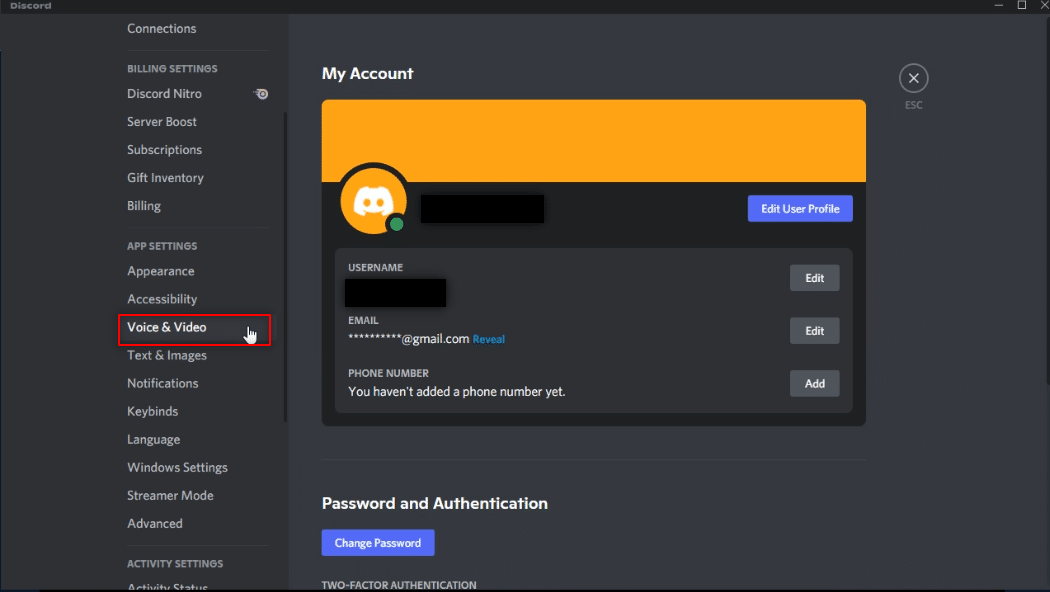 UYGULAMA AYARLARI menüsü altında Ses ve Görüntü'ye tıklayın. Siyah Ekran Olmadan Discord'da Netflix Paylaşımı Nasıl Ekranlanır