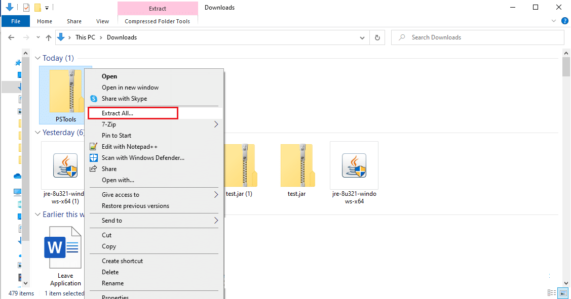 Wählen Sie im heruntergeladenen Zip-Ordner von PSTools die Option Alle extrahieren