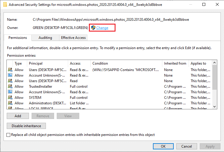 Klicken Sie auf Ändern, um den Besitzer umzubenennen. So beheben Sie den Dateisystemfehler 2147219196