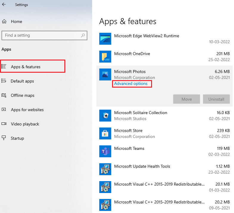 Seleccione Opciones avanzadas en las aplicaciones y características de Microsoft Photos