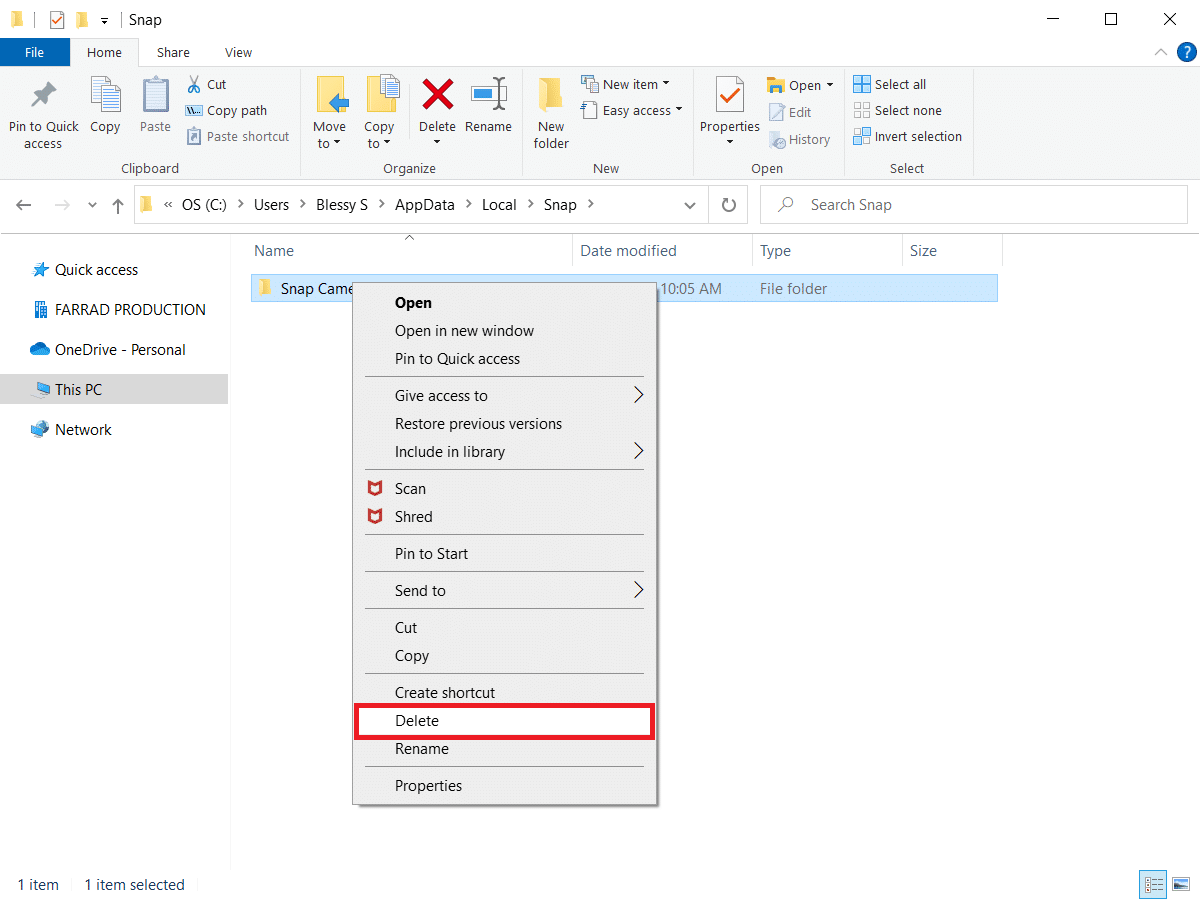 Haga clic con el botón derecho en la carpeta Snap Camera y seleccione Eliminar
