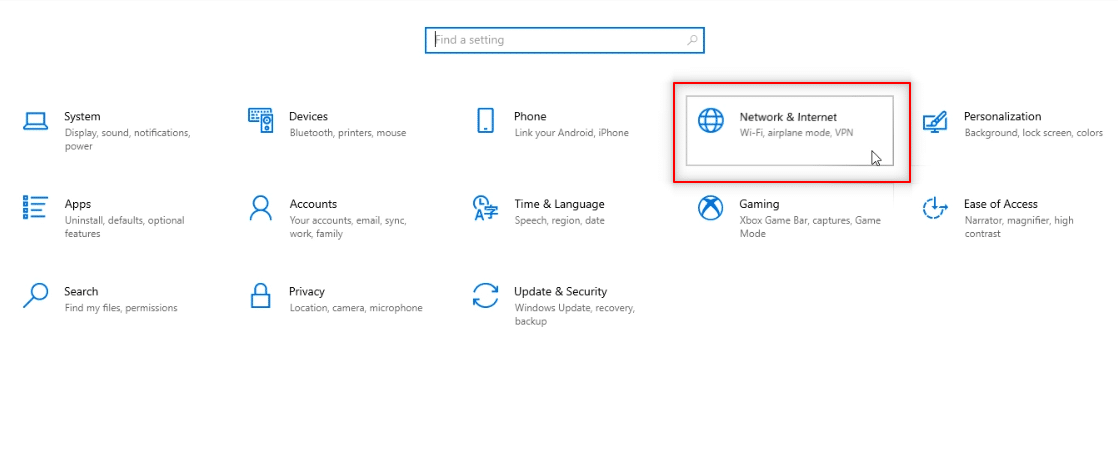 [ネットワークとインターネット]オプションをクリックします。スナップカメラが利用できないカメラ入力エラーを修正する