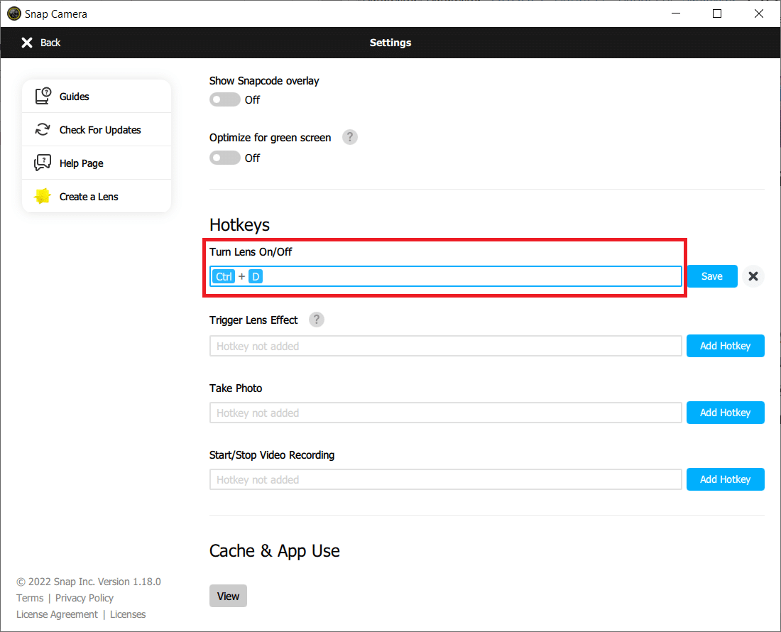 Scrollen Sie auf der Seite Einstellungen nach unten und speichern Sie einen Hotkey unter Turn Lens On Off