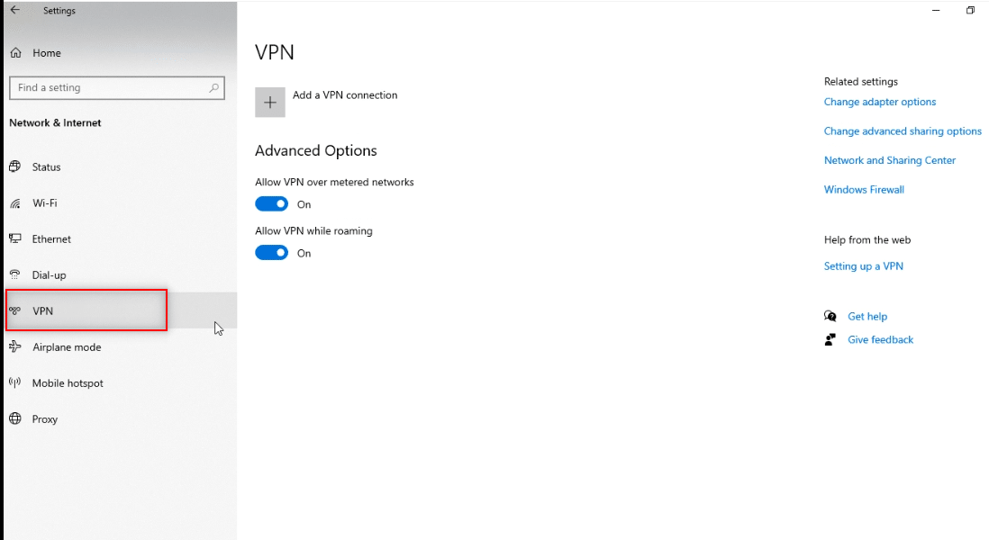 Wählen Sie VPN im und deaktivieren Sie alle VPNs