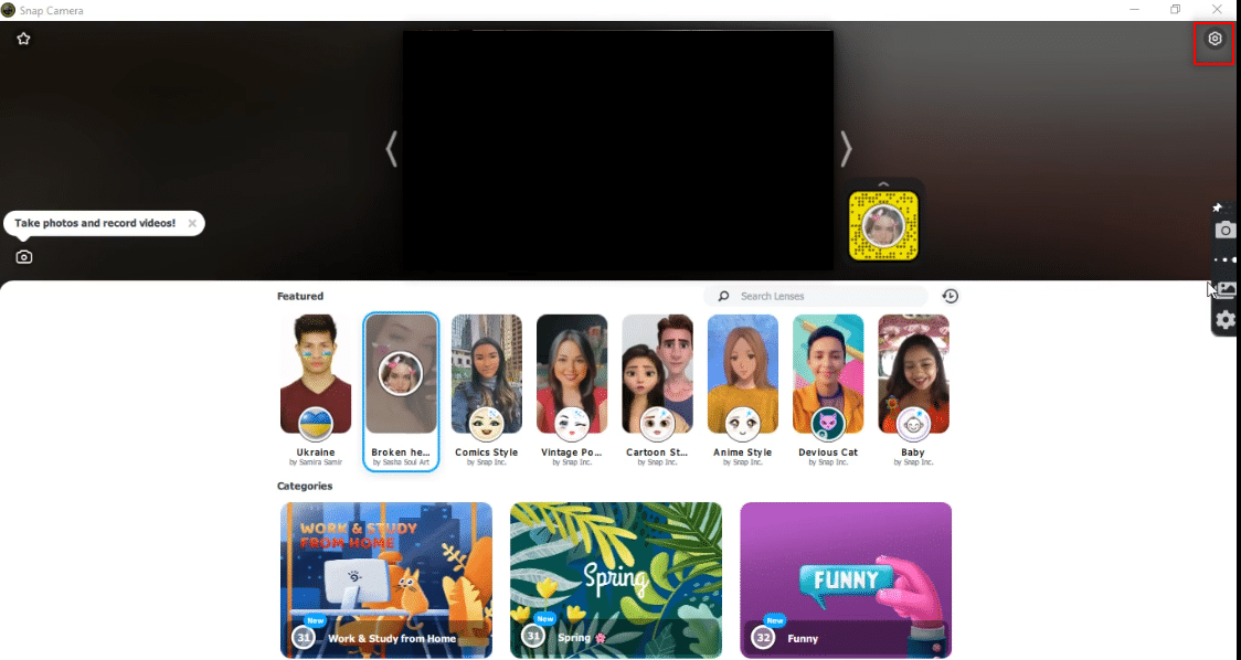 Haga clic en Configuración en la parte superior derecha de la aplicación Snap Camera